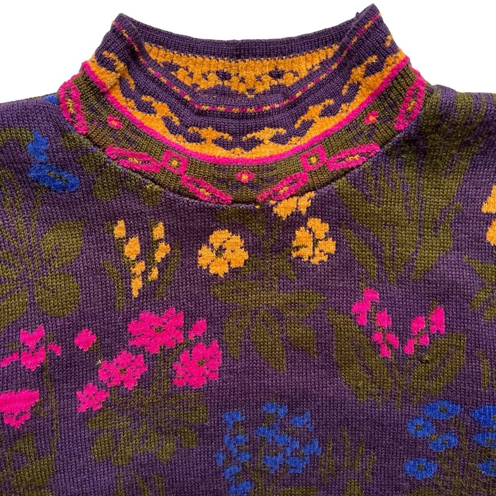 Vintage 80s Floral Pattern Mock Neck Purple Yellow Green Knit Sweater Geometric - Picture 2 of 11